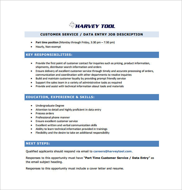 customer service data entry job description free pdf template