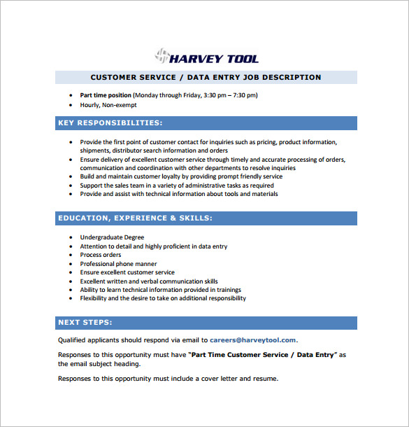 customer service data entry job description free pdf template