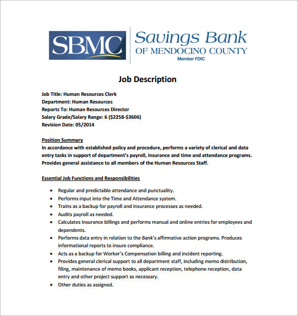 free data entry job description in bank pdf free download