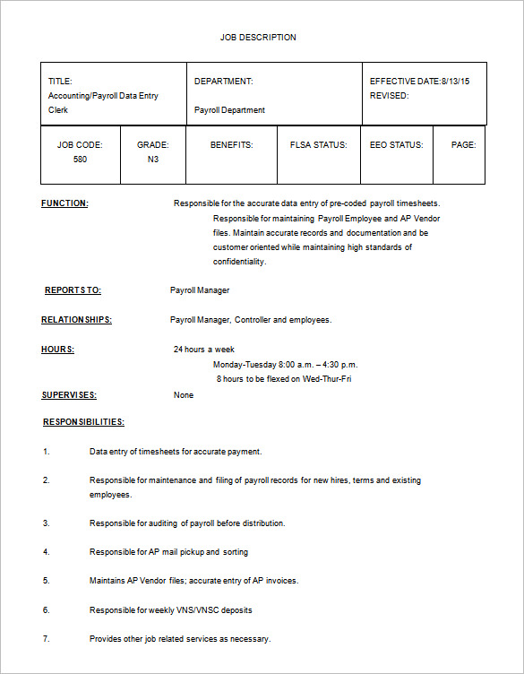 payroll data entry job description free word template download