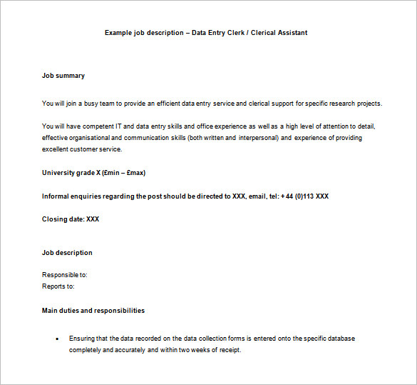 clerical data entry job description in ms free download