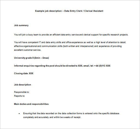 Data Entry Job Description Template 9+ Free Word, PDF Format Download
