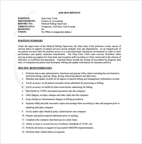 computer data entry job description free pdf template