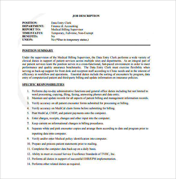 Data Entry Job Description Template 9+ Free Word, PDF Format Download