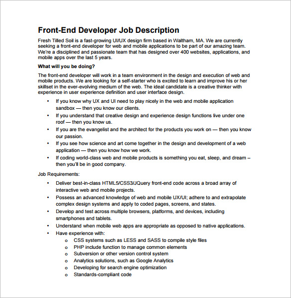 front end web developer job description free pdf template
