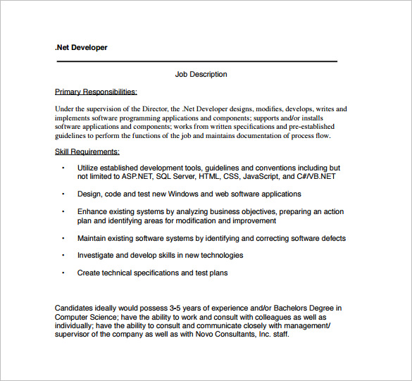 net web developer job description pdf template free download