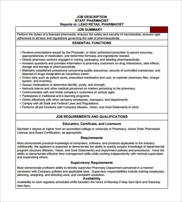 retail pharmacist job description free pdf template download