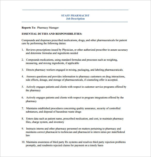 staff pharmacist job description free pdf template