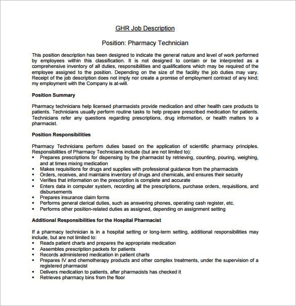 pharmacist technician job description free pdf template