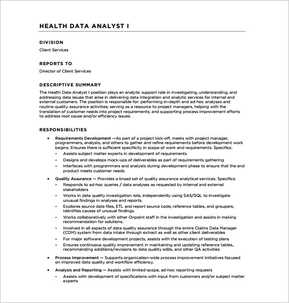 data analyst job description for health care free pdf download