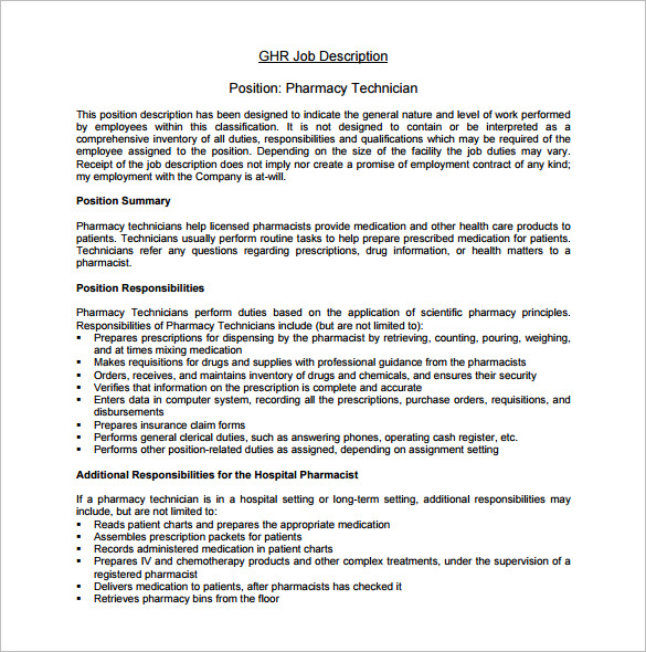 Pharmacy Technician Job Description Template - 7+ Free 