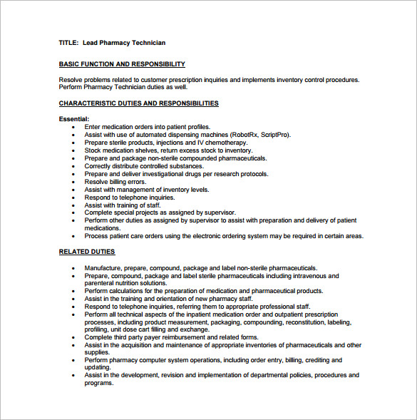 free lead pharmacy technician job description pdf download