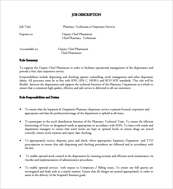 Pharmacy Technician Job Description Template 7 Free Word PDF Format Download