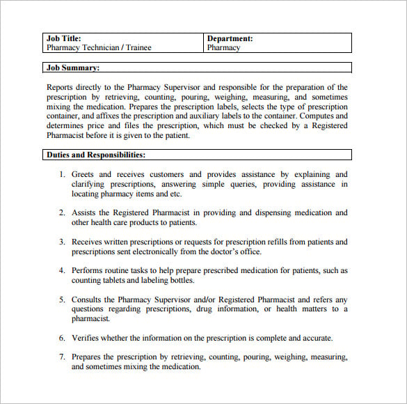 pharmacy technician job description for trainee free pdf download