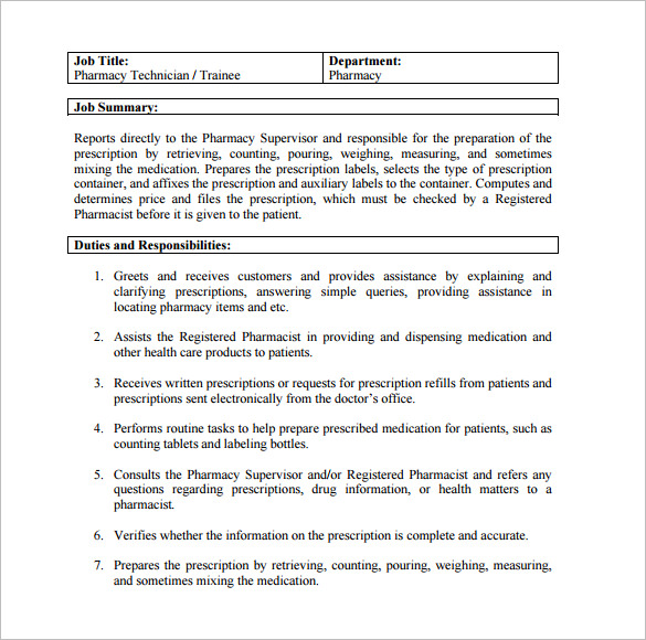 Pharmacy Technician Job Description Template 7 Free Word PDF Format 