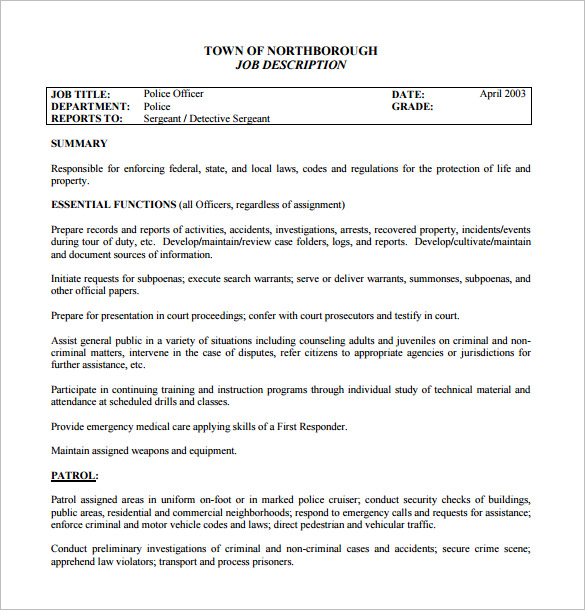 11 Police Officer Job Description Templates Free Sample Example 