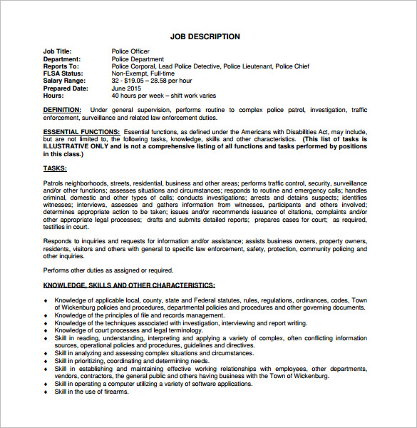 Police Officer Job Description Template 8 Free Word PDF Format 