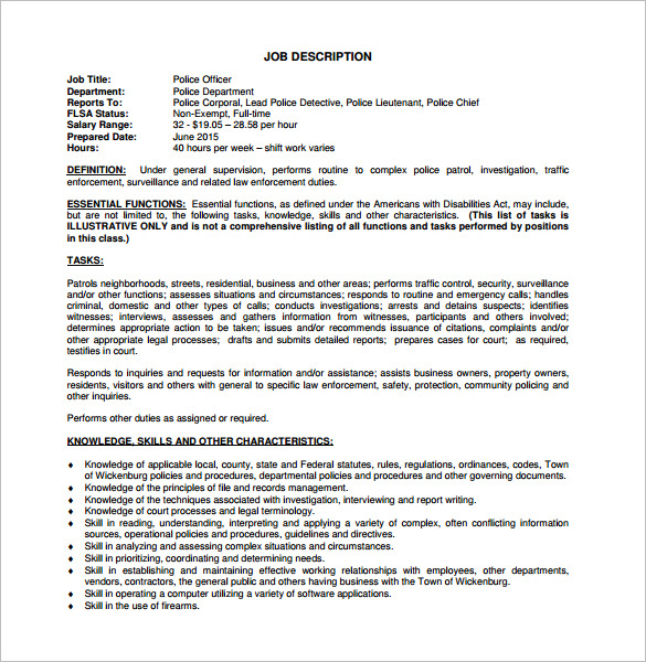 Police Officer Job Description Template 8+ Free Word, PDF Format