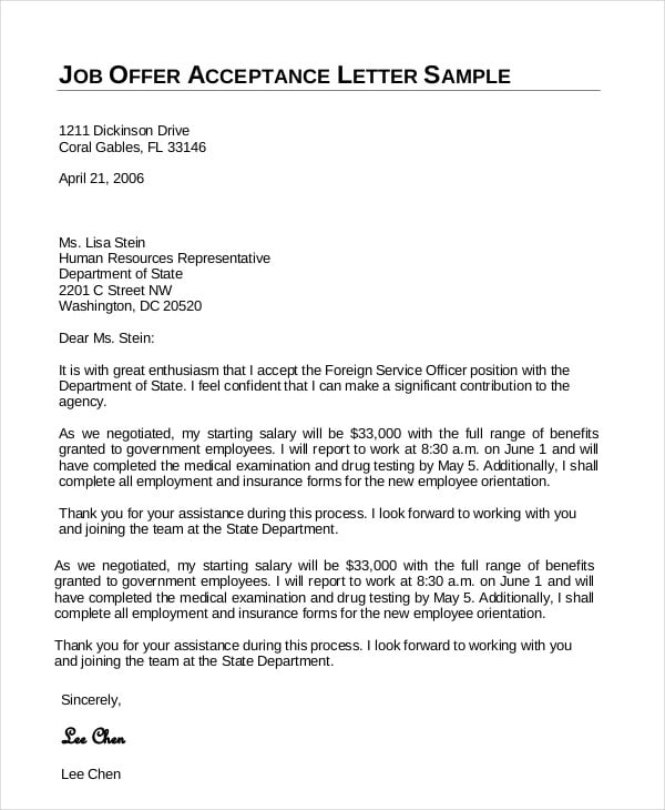 service officer job offer acceptance letter