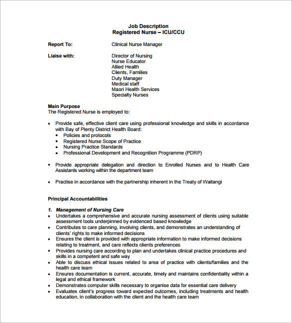 icu registered nurse job description free pdf template