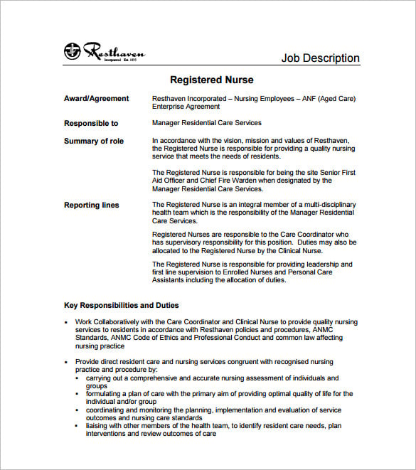 Registered nurse job description and duties