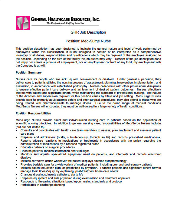 medical surgical registered nurse job description free pdf template