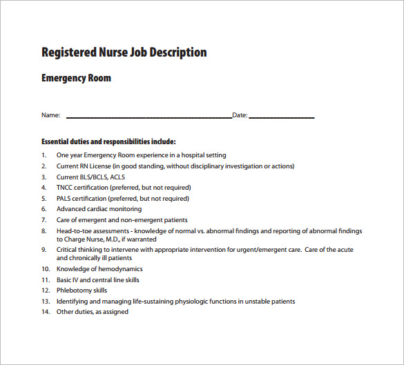 Registered Nurse Job Description Template 8 Free Word PDF Format   Emergency Room Registered Nurse Job Description Free PDF Download 