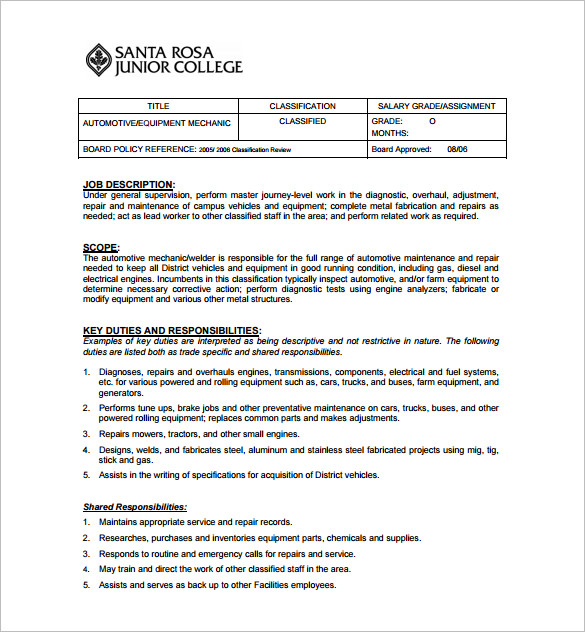 auto mechanical engineering job description free pdf template