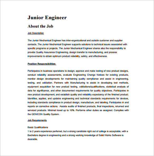 junior mechanical engineering job description free pdf template