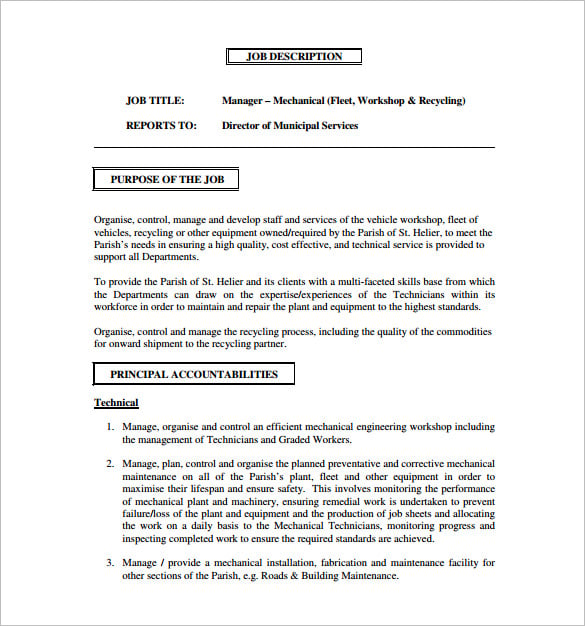 manager mechanical engineering job description pdf free download