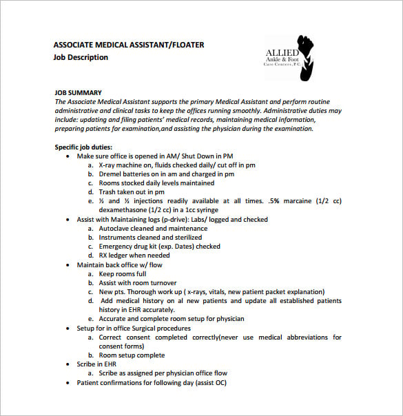 free associate medical assistant job description pdf download