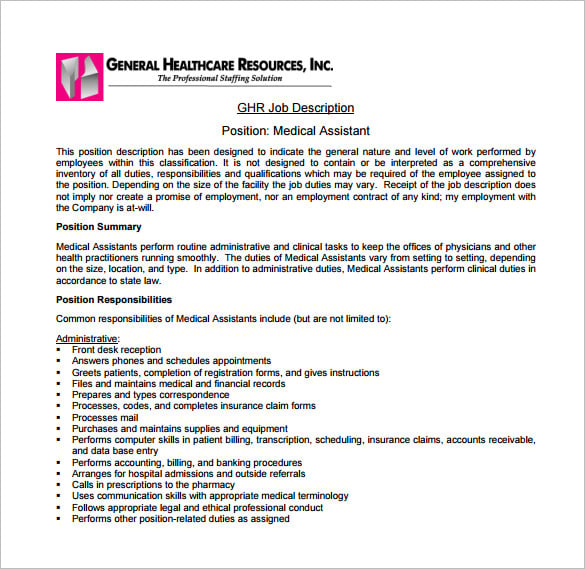 free medical assistant job description for front desk pdf download
