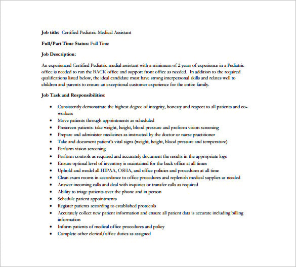certified pediatric medical assistant job description free pdf