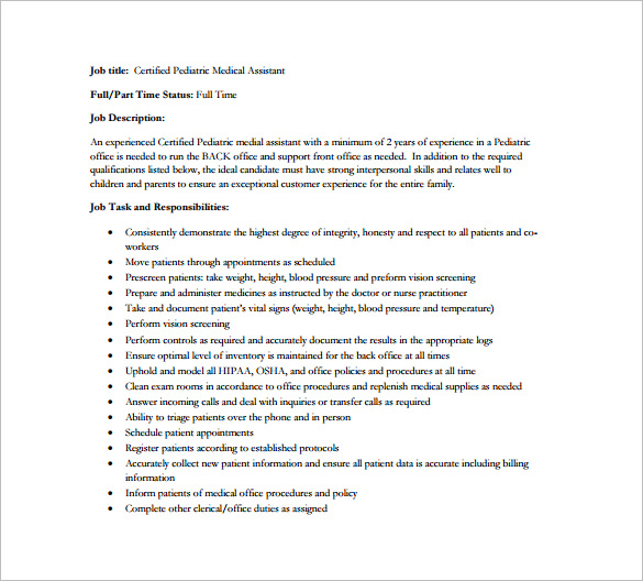 medical assistant description job certified pediatric pdf template