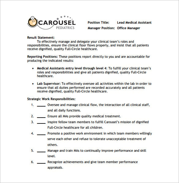 free lead medical assistant job description pdf download