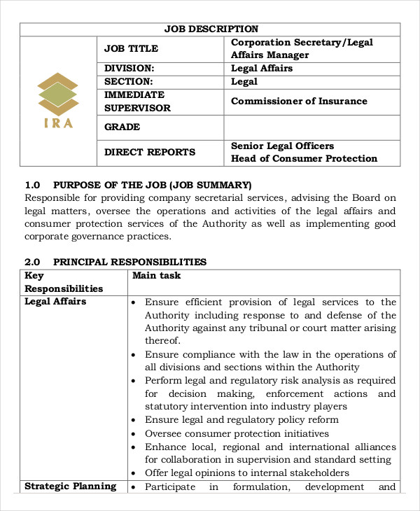 corporate legal assistant job description