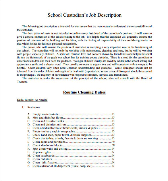 school custodian’s job description free pdf download