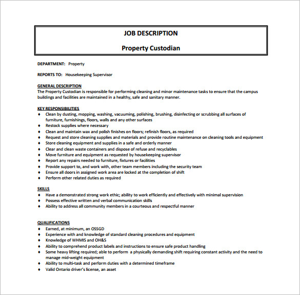 10+ Custodian Job Description Templates Free Sample, Example, Format Download!