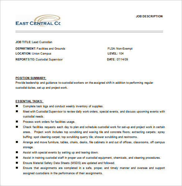 10+ Custodian Job Description Templates Free Sample, Example, Format