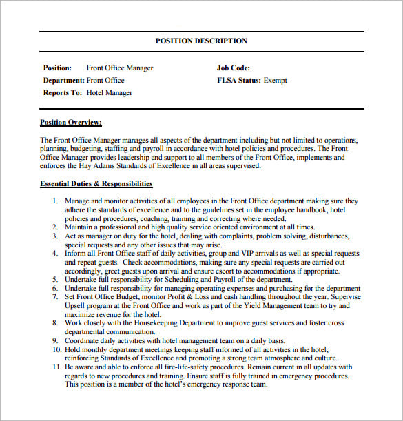 front office manager job description free pdf download
