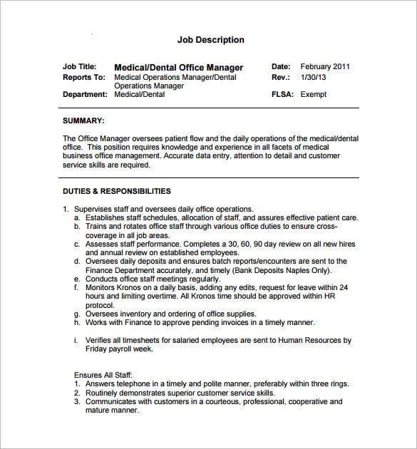 dental office manager job description free pdf template