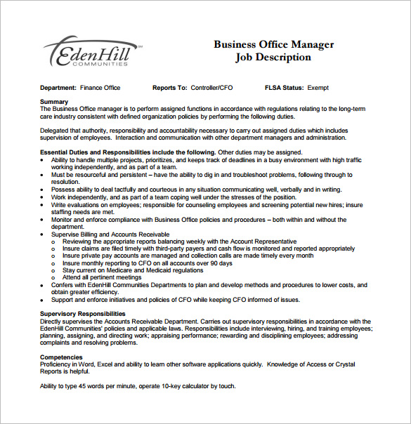 Office Manager Job Description Sample Baeti