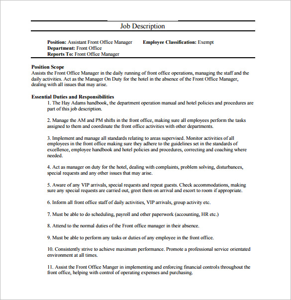 Assistant Front Office Manager Job Description Free PDF Template 