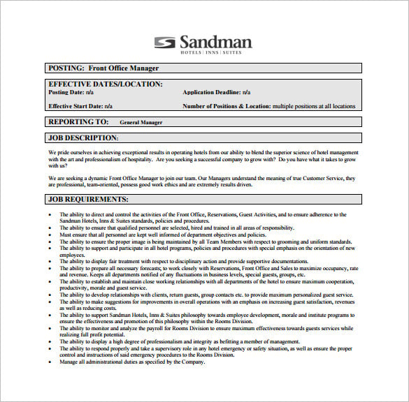 hotel office manager job description free pdf download