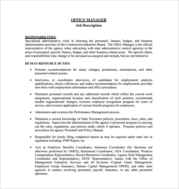 construction office manager job description free pdf template