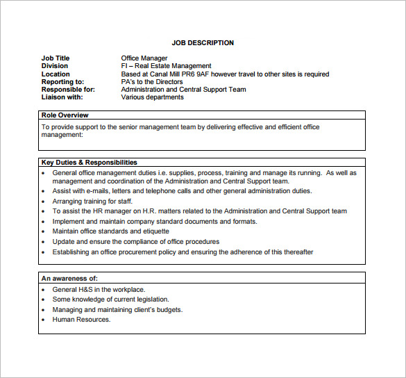 Office Manager Job Description Template 9+ Free Word, PDF Format