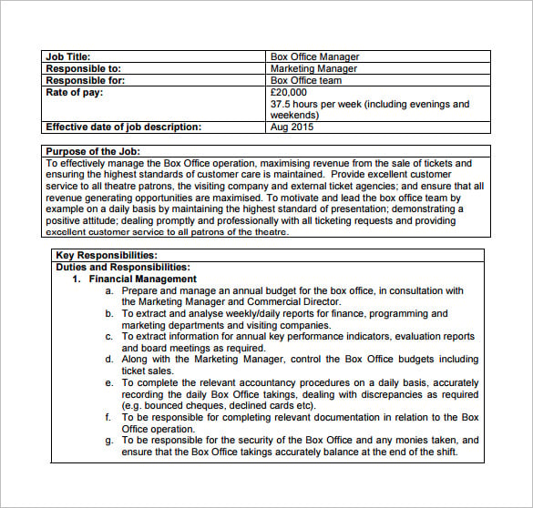 box office manager job description free pdf template