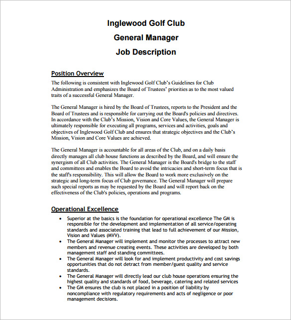 general manager job description for golf course free pdf template