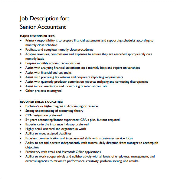 Accounting department head job description