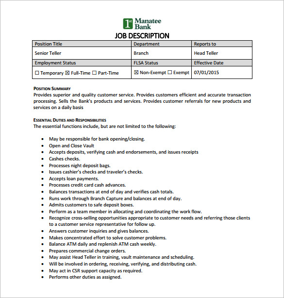 senior bank teller job description pdf free download